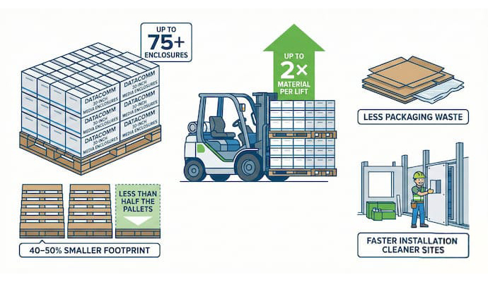 Illustration of DataComm 30-inch media enclosures showing efficient logistics, including up to 75 units per pallet, 50% smaller footprint, and reduced waste