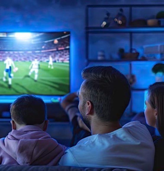 A family of three watching a soccer game on a large flat-screen TV