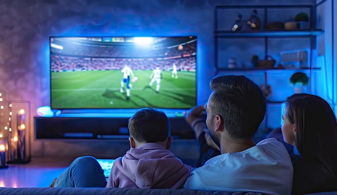 A family of three watching a soccer game on a large flat-screen TV