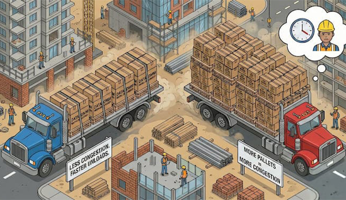 Illustration comparing construction site delivery efficiency: a blue truck carrying fewer DataComm pallets for faster unloading versus a red truck congested with many competitor pallets