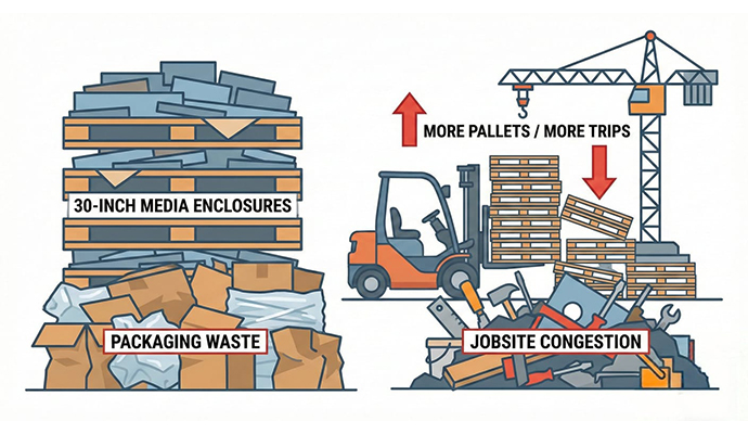 Illustration showing jobsite congestion and packaging waste caused by typical 30-inch media enclosures, featuring messy stacks and multiple forklift trips
