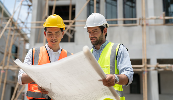 Construction engineers reviewing blueprints on site