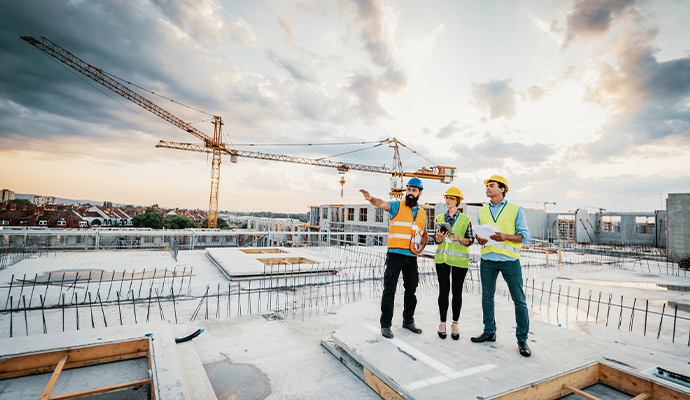 Construction site engineers planning project